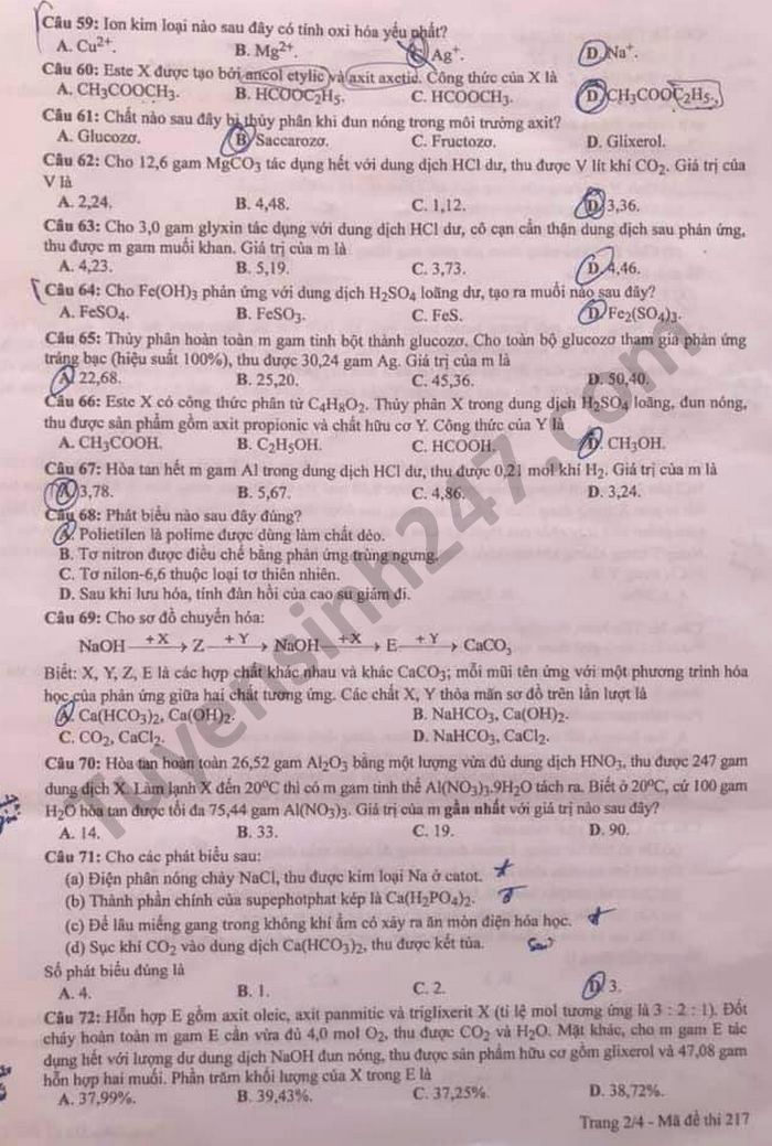 Đề thi môn Hóa học tốt nghiệp THPT 2021, mã đề 217