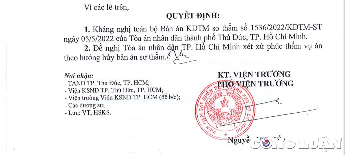 VKSND TP. HCM đề nghị hủy bản án sơ thẩm 1536 của TAND TP. Thủ Đức. 