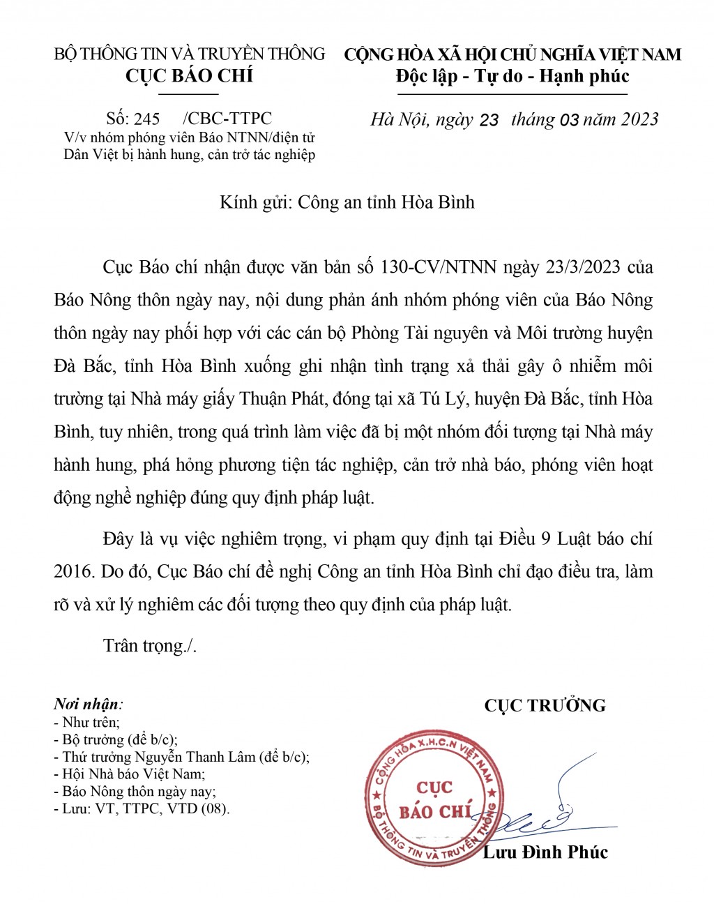 cuc bao chi de nghi cong an tinh hoa binh dieu tra lam ro cac doi tuong hanh hung nha bao hinh 1