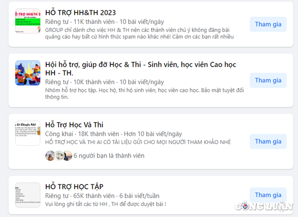 Nhiều hội nhóm học hộ, thi hộ trên mạng xã hội thu hút đông đảo học viên, sinh viên tham gia.
