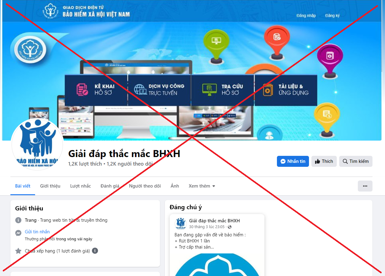 Fanpage Facebook giả mạo Bảo hiểm xã hội Việt Nam (Ảnh: BHXH Việt Nam)