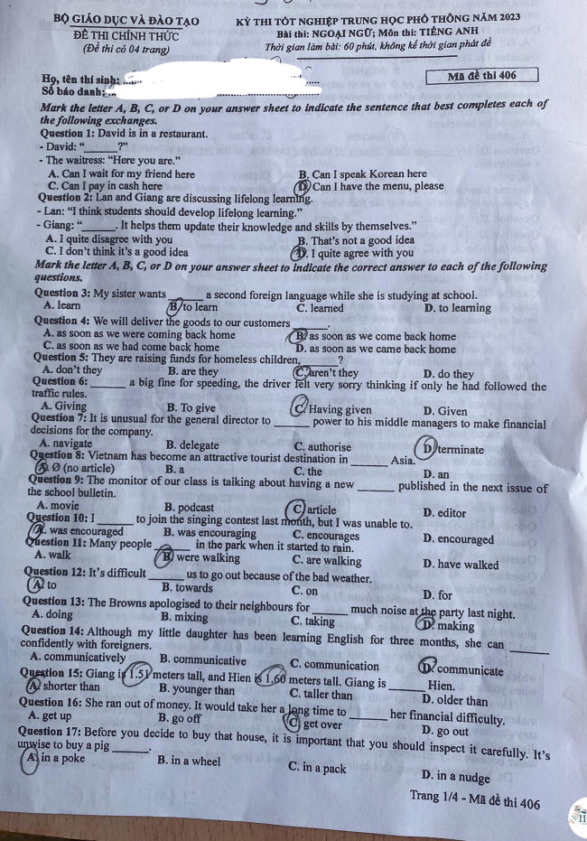 de thi tot nghiep thpt 2023 mon tieng anh ma de 406 hinh 1
