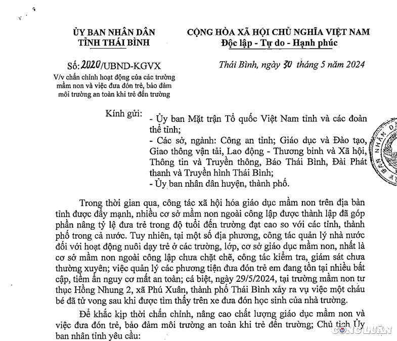 thai binh chan chinh hoat dong cua cac truong mam non va viec dua don tre bao dam moi truong an toan khi tre den truong hinh 1