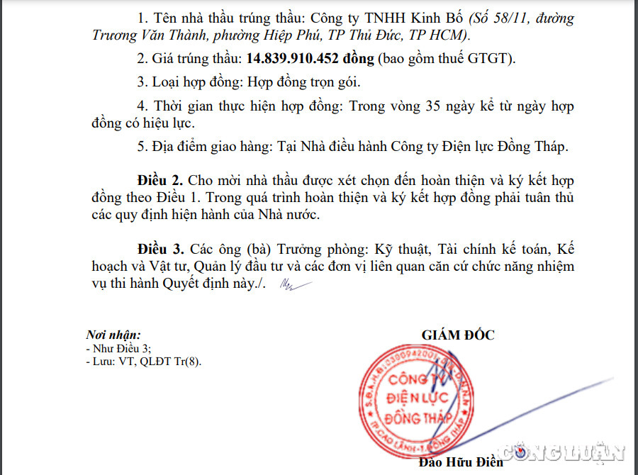 trung thau chuc ty chi tiet kiem chuc ngan dong cong ty tnhh kinh bo van la nha thau quen mat voi nhieu cong ty dien luc phia nam hinh 2