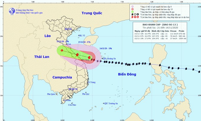 Cơn bão số 13 giật cấp 14 cách Đà Nẵng 130 km