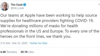 Apple hỗ trợ hàng triệu khẩu trang cho chuyên gia y tế Mỹ, châu Âu