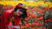 Thiếu nữ khoe sắc bên chợ hoa Tết tại Cố đô Huế