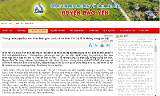 Thông tin huyện Bảo Yên (Lào Cai) thực hiện giãn cách xã hội theo Chỉ thị 16 là không đúng sự thật