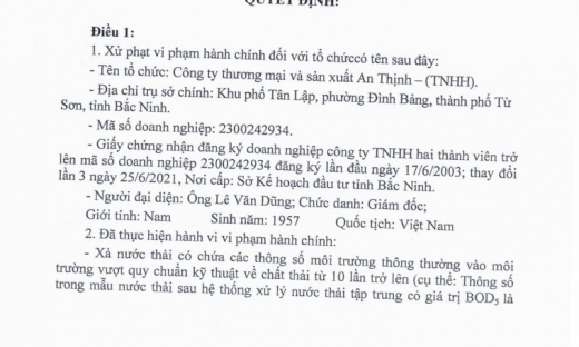 Xả thải vượt quy chuẩn từ 10 lần trở lên, doanh nghiệp sản xuất bia tại Bắc Ninh bị phạt 192 triệu đồng