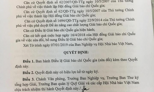 Hội Nhà báo Việt Nam ban hành Điều lệ Giải Báo chí Quốc gia (sửa đổi)