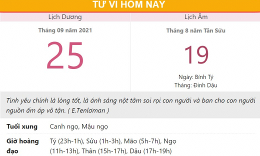 Tử vi hôm nay 25/9, xem con số may mắn thứ bảy 19/8 âm lịch