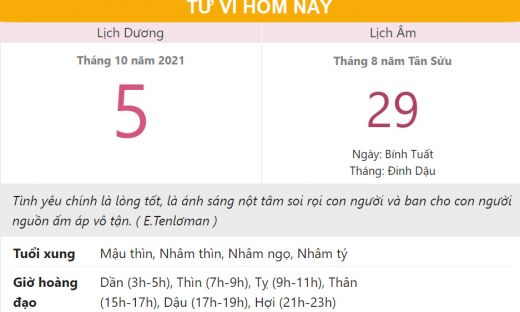 Tử vi hôm nay 5/10, xem con số may mắn thứ ba 29/8 âm lịch