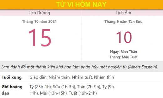 Tử vi hôm nay 15/10, xem con số may mắn thứ sáu 10/9 âm lịch