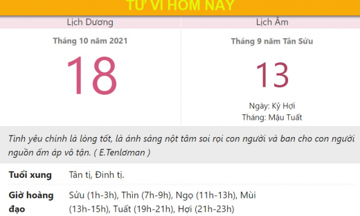 Tử vi hôm nay 18/10, xem con số may mắn thứ hai 13/9 âm lịch