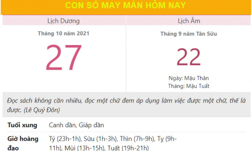 Con số may mắn hôm nay 27/10/2021 thứ 4 ngày 22/9 âm lịch