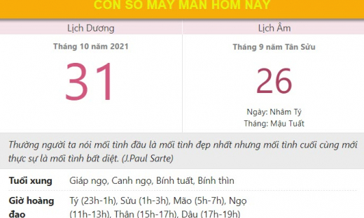 Con số may mắn hôm nay 31/10/2021 chủ nhật ngày 26/9 âm lịch