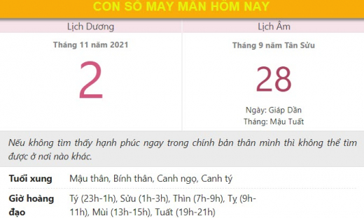 Con số may mắn hôm nay 2/11/2021 thứ 3 ngày 28/9 âm lịch