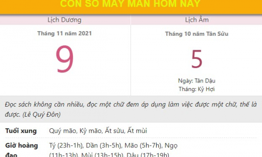 Con số may mắn hôm nay 9/11/2021 thứ 3 ngày 5/10 âm lịch