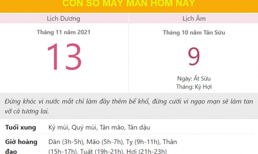 Con số may mắn hôm nay 13/11/2021 thứ 7 ngày 9/10 âm lịch