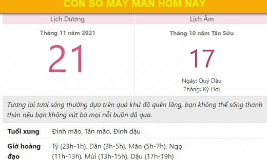 Con số may mắn hôm nay 21/11/2021 chủ nhật, ngày 17/10 âm lịch