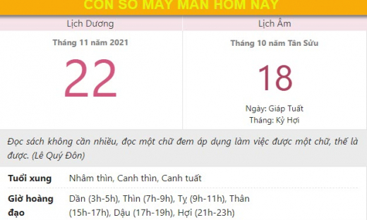 Con số may mắn hôm nay 22/11/2021 thứ 2, ngày 18/10 âm lịch