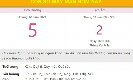 Con số may mắn hôm nay 5/12/2021 chủ nhật, ngày 2/11 âm lịch