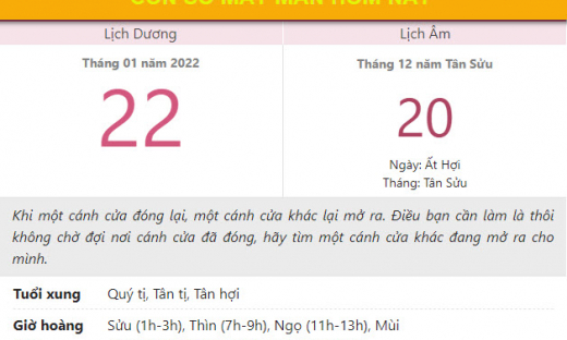 Con số may mắn hôm nay 22/1/2022 thứ 7, ngày 20/12 âm lịch