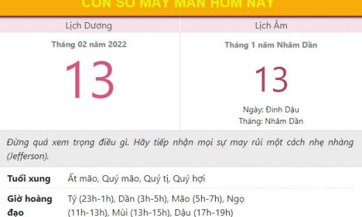 Con số may mắn hôm nay 13/2/2022 Chủ nhật, ngày 13/1 âm lịch