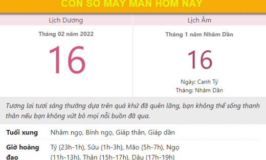 Con số may mắn hôm nay 16/2/2022 thứ 4, ngày 16/1 âm lịch