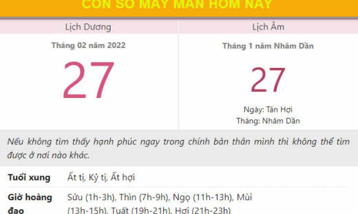 Con số may mắn hôm nay 27/2/2022 Chủ nhật, ngày 27/1 âm lịch