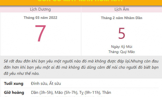 Con số may mắn hôm nay 7/3/2022 thứ , ngày 5/2 âm lịch