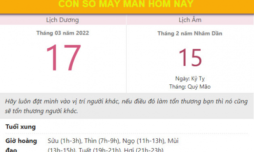 Con số may mắn hôm nay 17/3/2022 thứ 5, ngày 15/2 âm lịch