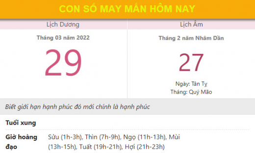 Con số may mắn hôm nay 29/3/2022 thứ 3, ngày 27/2 âm lịch