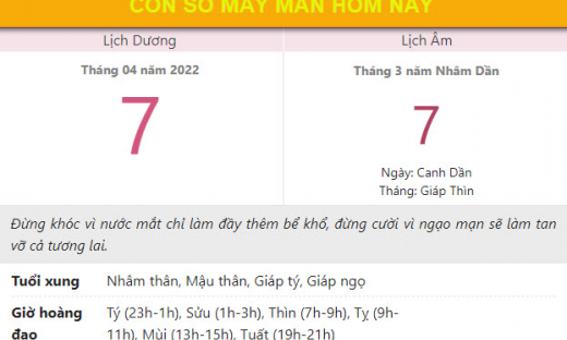 Con số may mắn hôm nay 7/4/2022 thứ 5, ngày 7/3 âm lịch