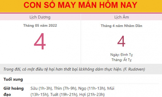 Con số may mắn hôm nay 4/5/2022 thứ 4, ngày 4/4 âm lịch