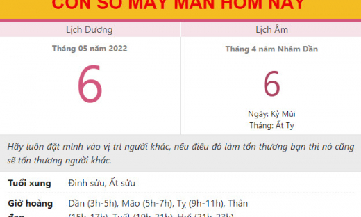 Con số may mắn hôm nay 6/5/2022 thứ 6, ngày 6/4 âm lịch