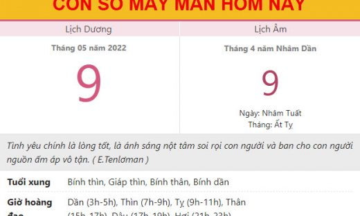 Con số may mắn hôm nay 9/5/2022 thứ 2, ngày 9/4 âm lịch