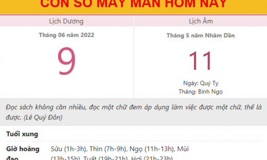 Con số may mắn hôm nay 9/6/2022 thứ 5, ngày 11/5 âm lịch