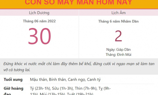 Con số may mắn hôm nay 30/6/2022 thứ 5, ngày 2/6 âm lịch