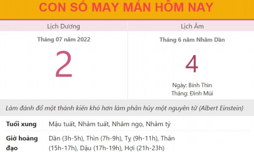 Con số may mắn hôm nay 2/7/2022 thứ 7, ngày 4/6 âm lịch