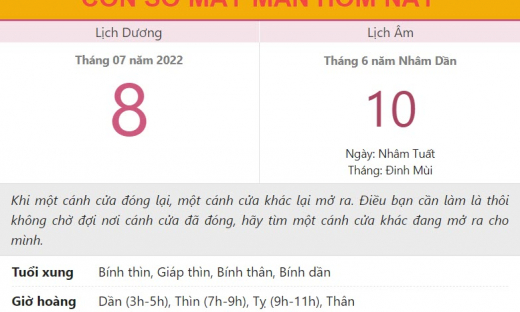 Con số may mắn hôm nay 8/7/2022 thứ 6, ngày 10/6 âm lịch