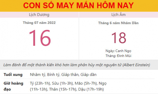 Con số may mắn hôm nay 16/7/2022 thứ 7, ngày 18/6 âm lịch