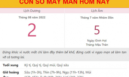 Con số may mắn hôm nay 2/8/2022 thứ 3, ngày 5/7 âm lịch