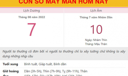 Con số may mắn hôm nay 7/8/2022 Chủ nhật, ngày 10/7 âm lịch