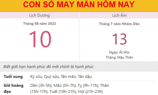 Con số may mắn hôm nay 10/8/2022 thứ 4, ngày 13/7 âm lịch