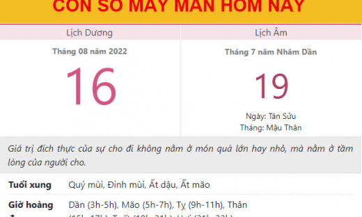 Con số may mắn hôm nay 16/8/2022 thứ 3, ngày 19/7 âm lịch