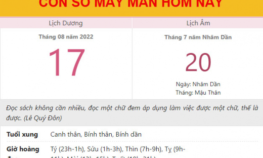 Con số may mắn hôm nay 17/8/2022 thứ 4, ngày 20/7 âm lịch