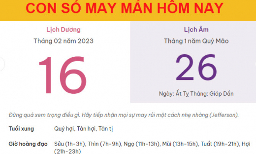 Con số may mắn hôm nay 16/2/2023 thứ 5, ngày 26/1 âm lịch