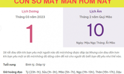 Con số may mắn hôm nay 1/3/2023 thứ 4, ngày 10/2 âm lịch