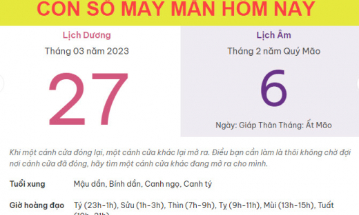 Con số may mắn hôm nay 27/3/2023 thứ 2, ngày 6/2 âm lịch